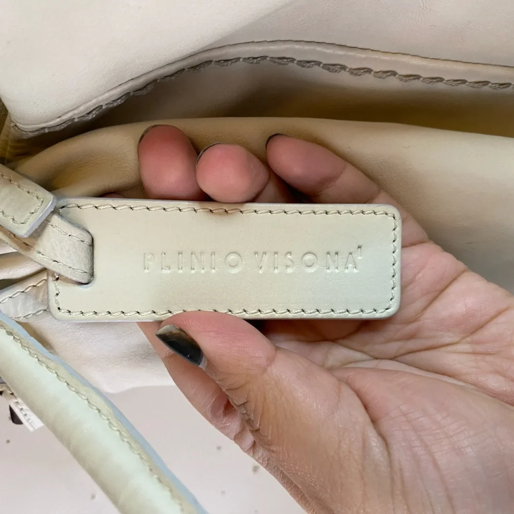 Plinio Visona Italy Cream Leather Knotted Hobo Tote Bag Zip Top OS